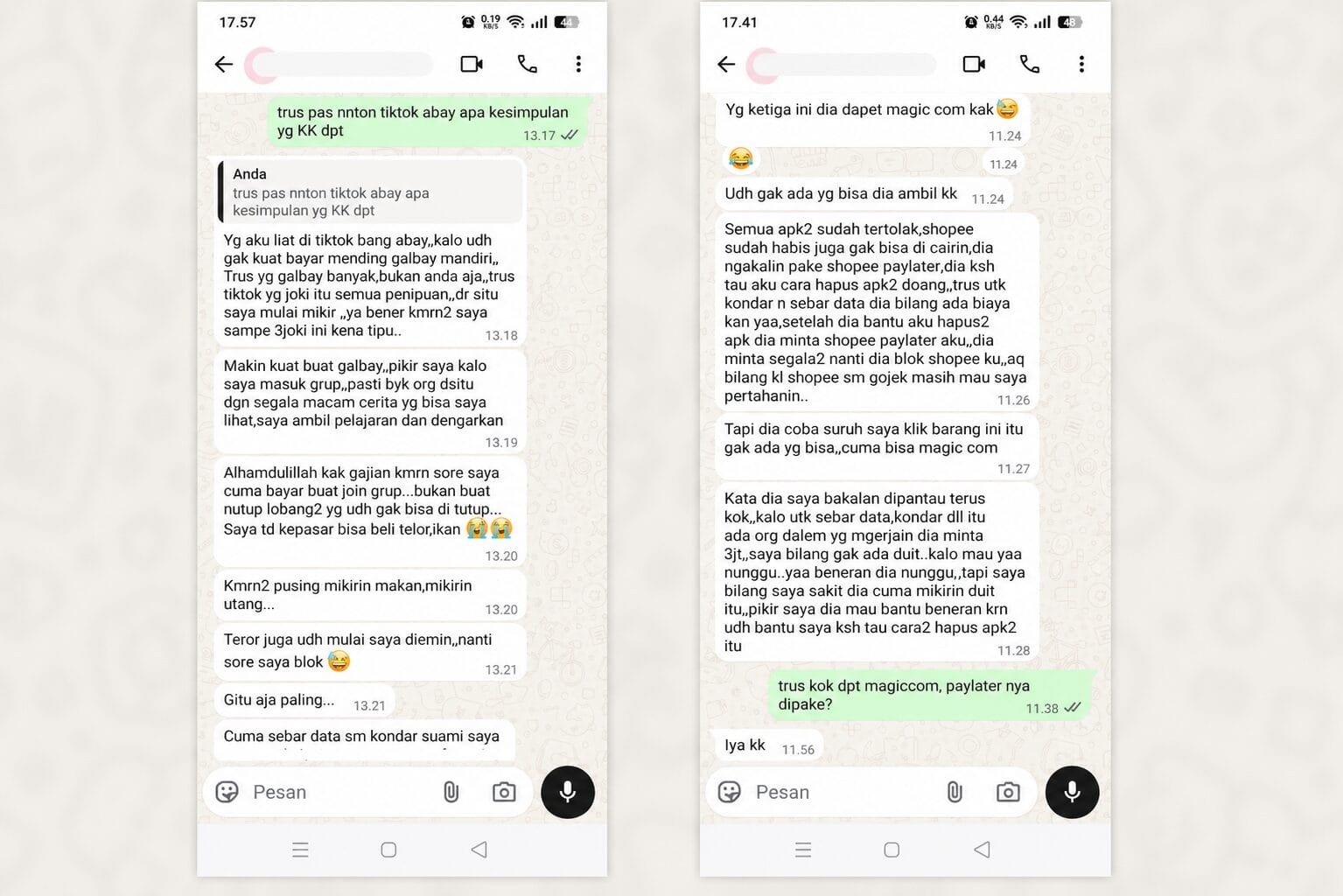chat korban pinjol galbay mandiri dan penipuan joki pinjol shopee paylater