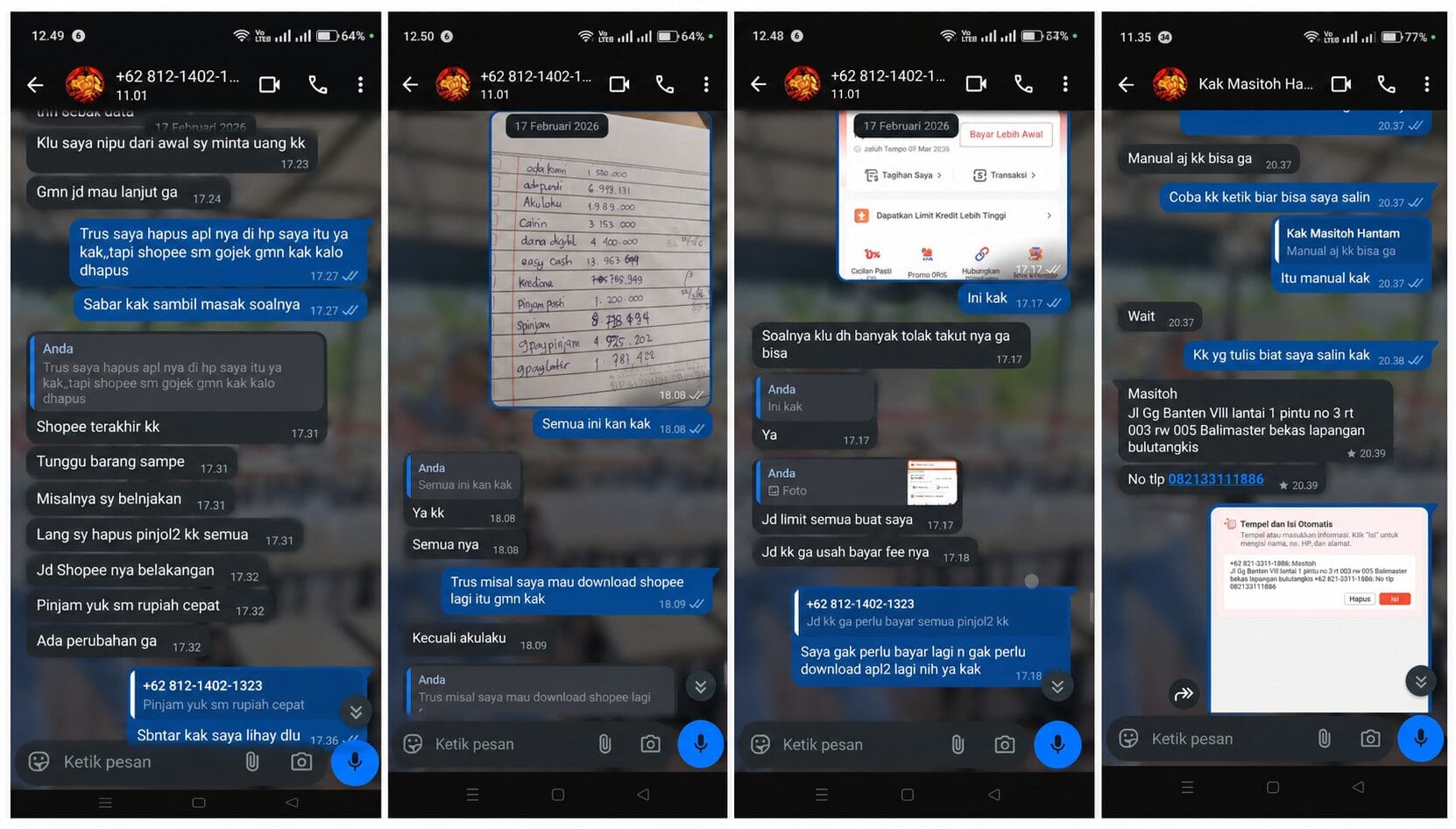 Screenshot percakapan WhatsApp yang menampilkan dugaan modus penipuan pinjaman online, berisi arahan menghapus aplikasi pinjol, pembahasan limit kredit Shopee, serta permintaan data pribadi seperti nomor telepon dan alamat